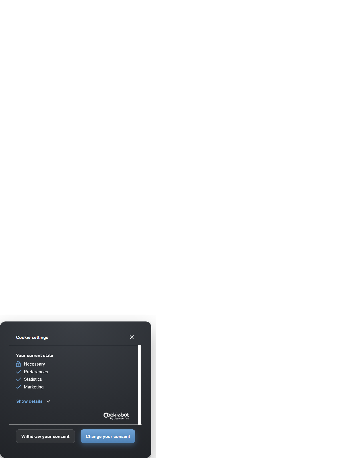 Custom cookiebot banner - Dark Blue Theme